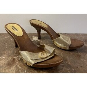 Vintage Guess Gold Glitter G Strap Wooden Heel Sandal 80s 90s Retro Italy 9.5 40